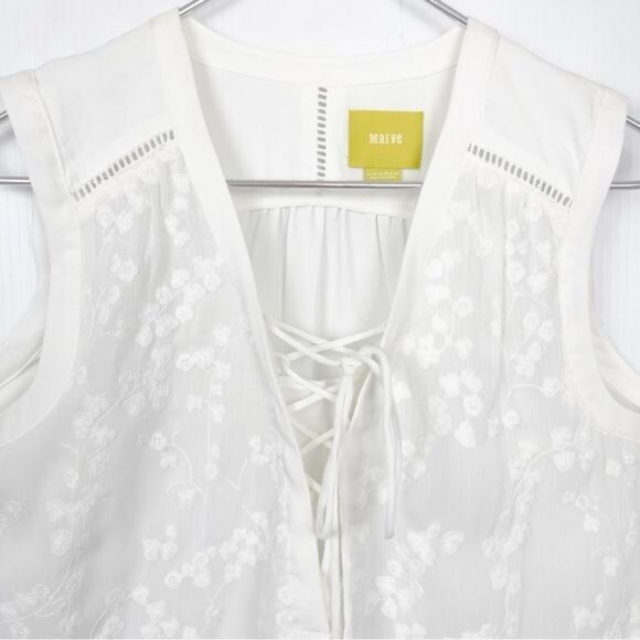 Anthropologie Maeve embroidered White Floral Lace Up sleeve less top 12 - Picture 3 of 11